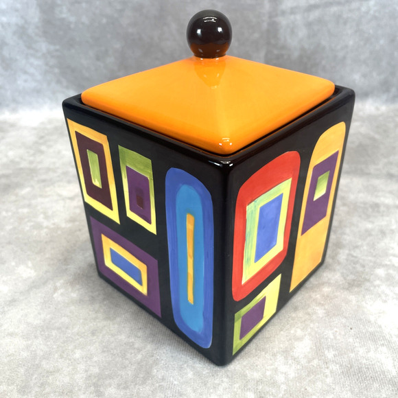 Mary Naylor Designs Modern Ceramic Canister Orange Lid Hand Painted Abstract 5x4 - Picture 2 of 8